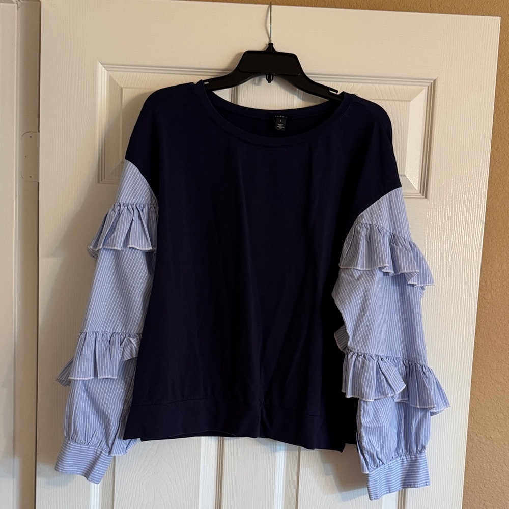 Halogen Navy and Light Blue Ruffle Sleeve Blouse